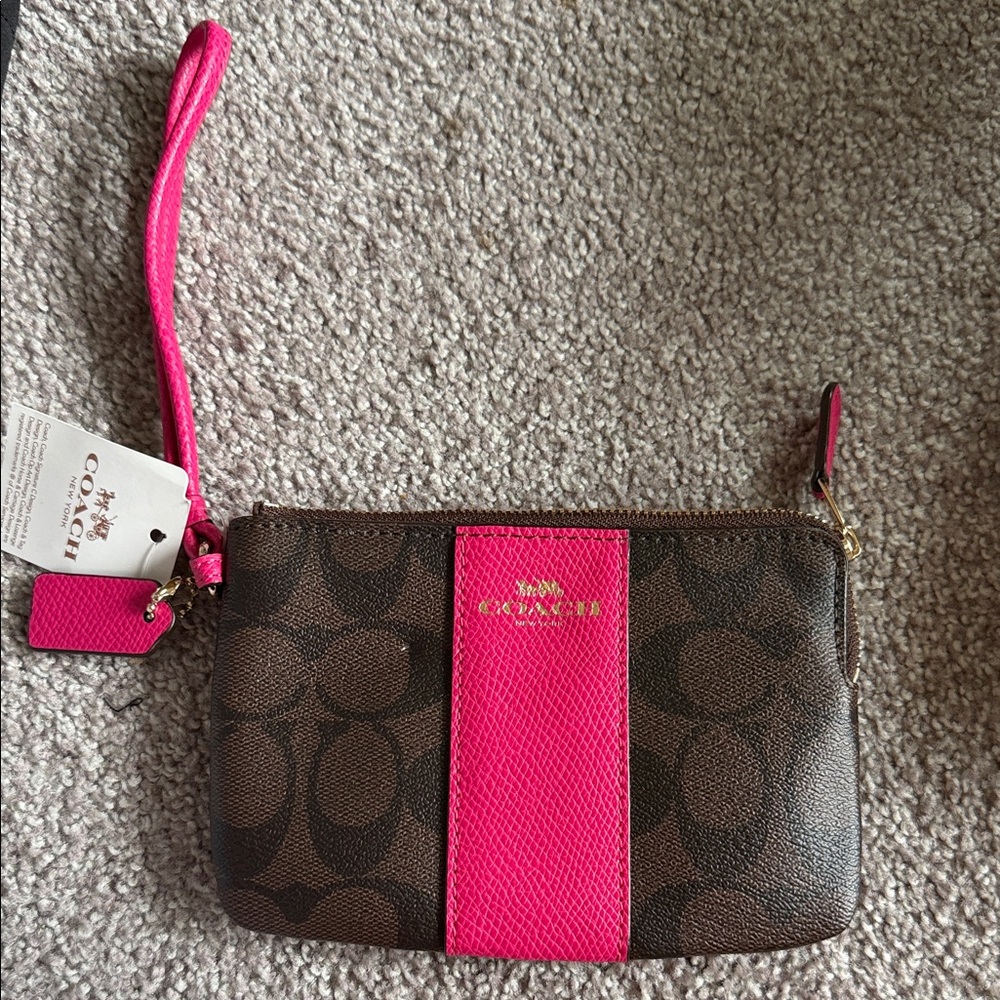 Coach Brown Signature Canvas Wristlet with Hot Pink Center Stripe